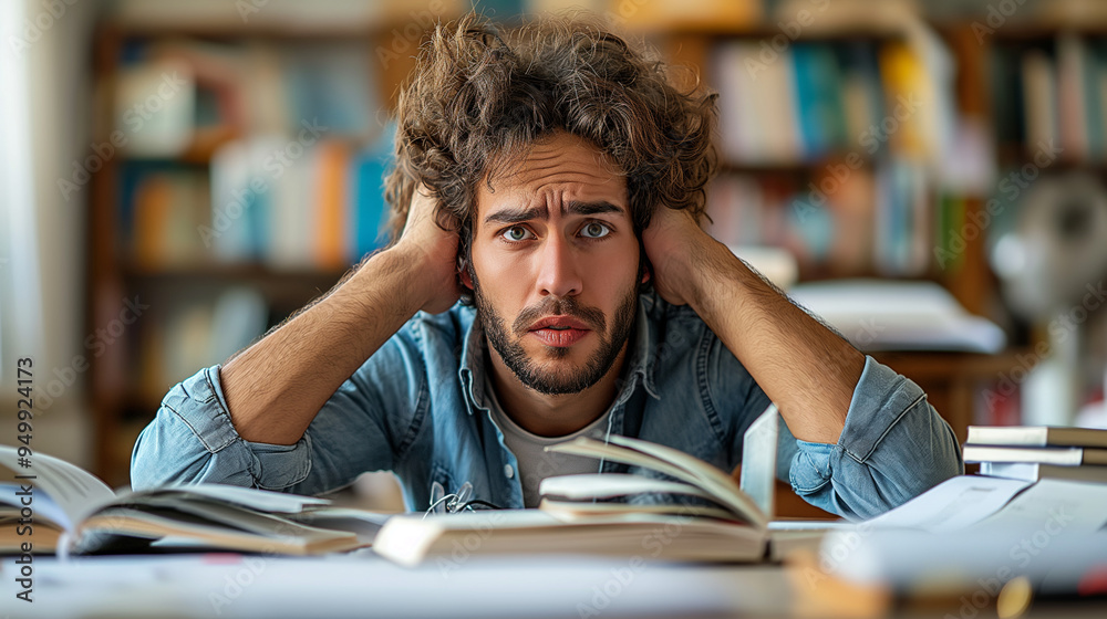 Stressed student overwhelmed by books in a library during study session Stressed student overwhelmed by books in a library during study session