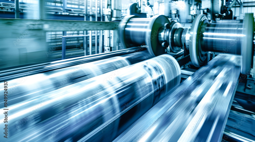 Steel fingers grip the paper as newspaper rolls flow through the printing press, creating a vibrant blur of motion and color in the factory Steel fingers grip the paper as newspaper rolls flow through the printing press, creating a vibrant blur of motion and color in the factory