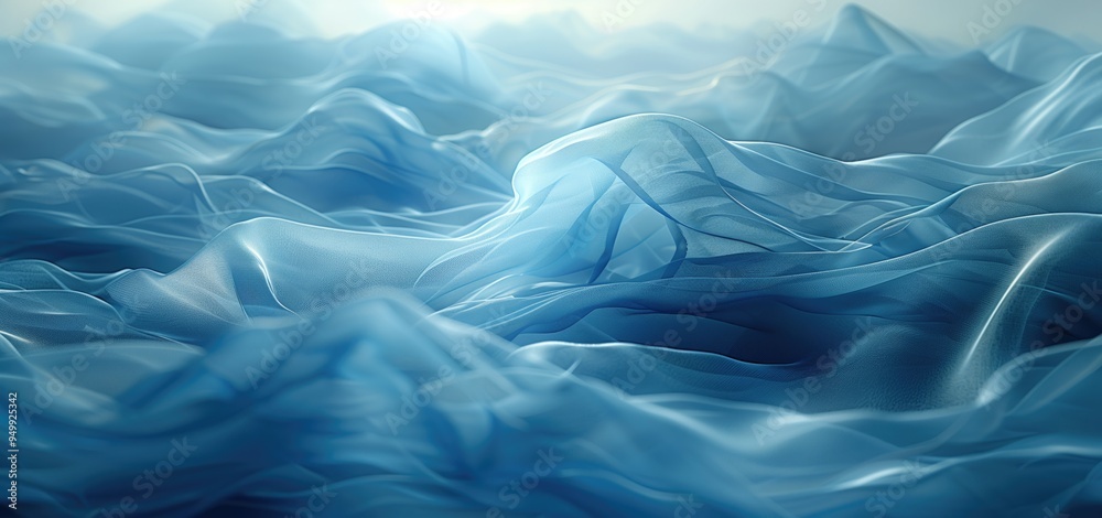 Obraz premium Abstract landscape of flowing translucent blue fabric creating wave-like shapes.