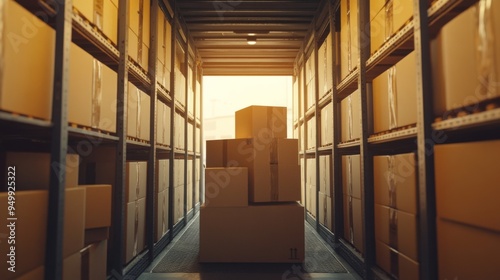 A stack of cardboard boxes in a shipping container, with an open doorway and a view of a bright sunset.