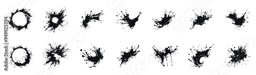 Set of ink splatter designs in different shapes and patterns, vector illustration. Black and white collection of dynamic ink splashes.