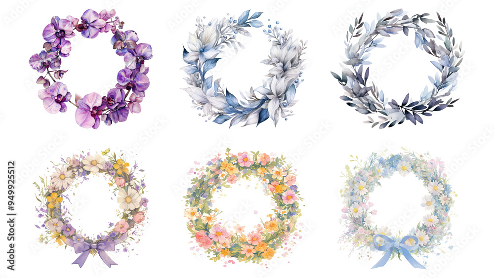 PNG colorful flower wreath design element set, transparent background PNG colorful flower wreath design element set, transparent background