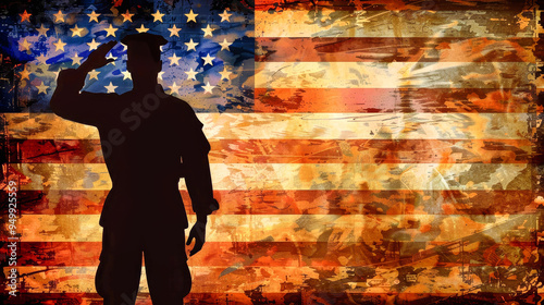 A soldier stands tall in salute against a colorful American flag, embodying courage and respect while leaving space for inspirational messages or text photo