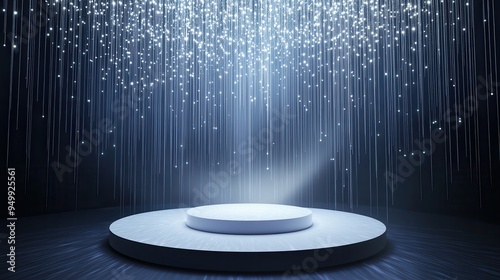 Abstract 3D Stage with White Pedestal, Light Streaks and Glowing Particles Background