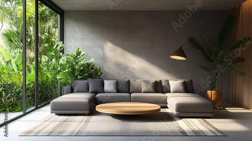 A spacious, minimalist living room with a gray sectional sofa, a low wooden coffee table, and an abstract area rug. A large, modern floor lamp provides additional lighting, with greenery visible outsi photo