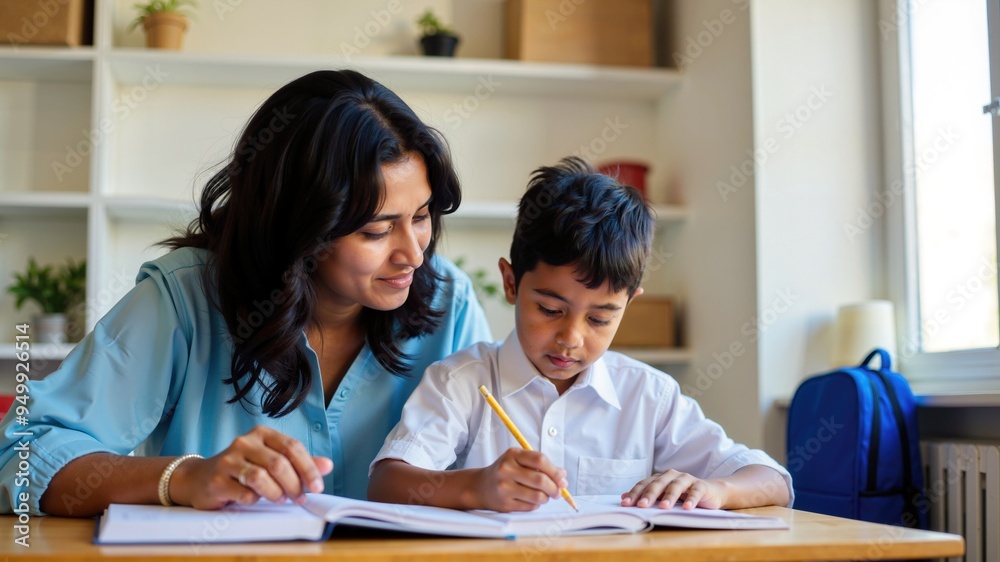 Loving Indian Mother Assists Son with Homework in Cozy Home Setting Loving Indian Mother Assists Son with Homework in Cozy Home Setting