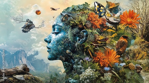 A collage depicting the interconnectedness of all living things, featuring images of plants, animals, and humans coexisting in harmony. photo