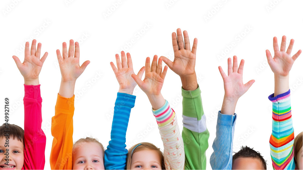 Fototapeta premium Enthusiastic Children's Hands Raised in Classroom Setting