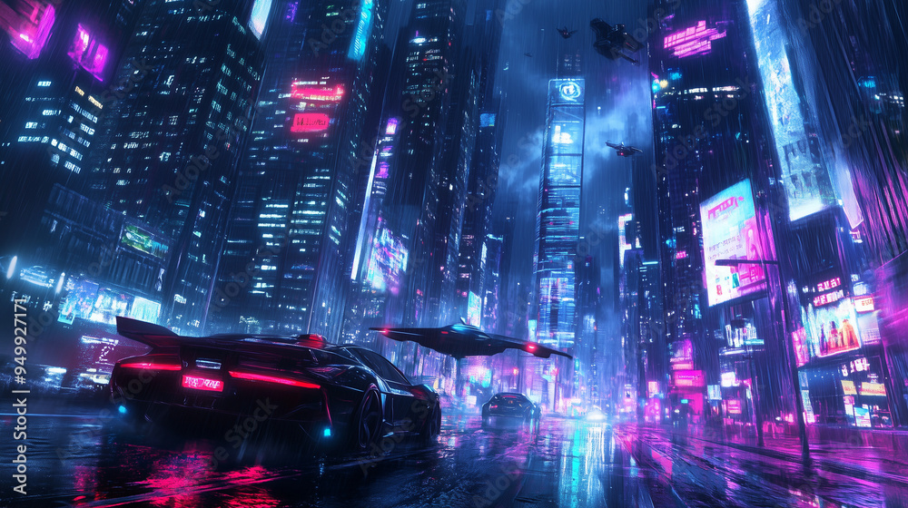 Obraz premium W cyberpunkowym świecie, nocne niebo jest pełne latających pojazdów, które ślizgają się między monumentalnymi wieżowcami wypełnionymi neonowymi reklamami. 
