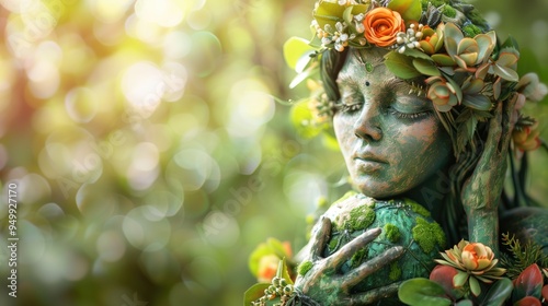 Ethereal nature Mother Earth goddess adorned with flowers and plants holding an earth-like globe in a serene forest setting.