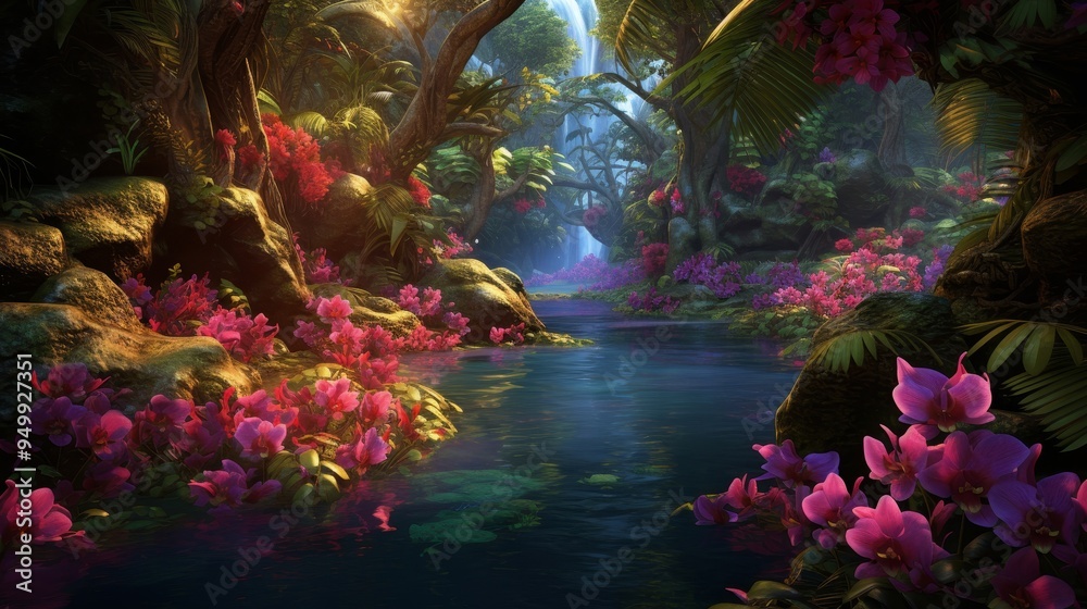 Fototapeta premium Tranquil Tropical Forest River with Waterfall and Lush Greenery