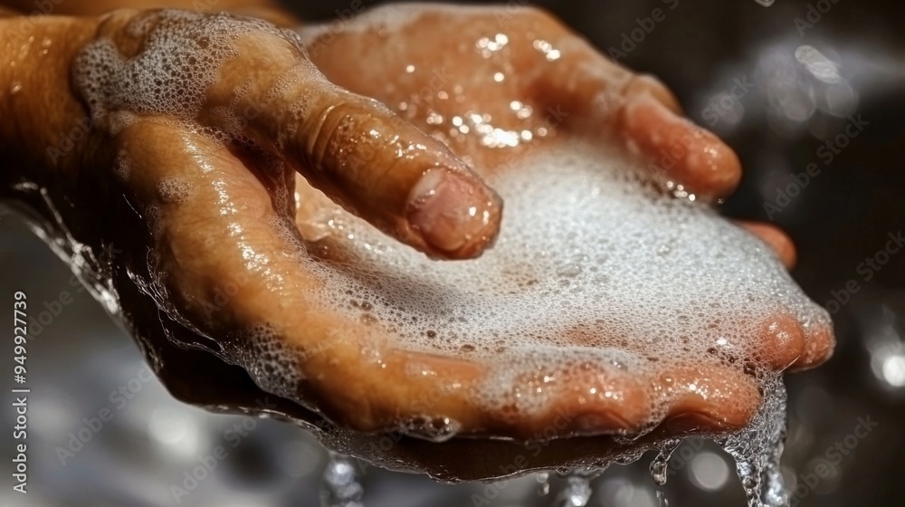 Fototapeta premium Close-up of hands washing with soap and water, creating a foamy lather.