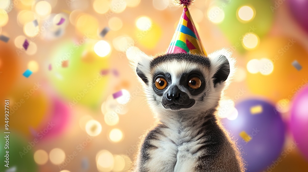 Fototapeta premium Happy Cute Animal Lemur Wearing a Clown Hat, Celebrating New Year's Celebration or Fancy Birthday Party, Lots of Balloons with Shiny Ribbons.