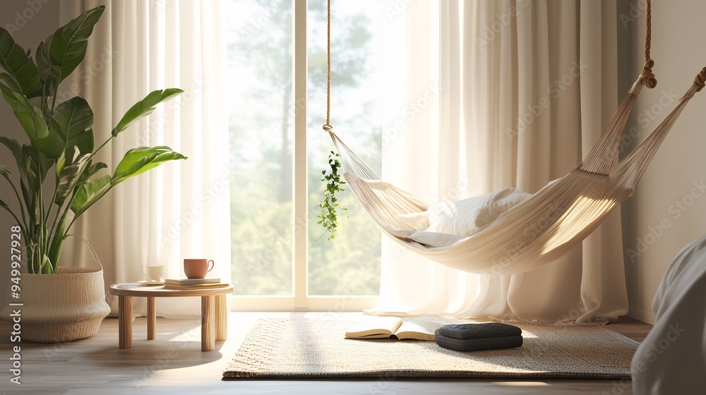 A tranquil reading space in a bedroom, featuring a hanging hammock chair, a soft rug underneath, and a nearby plant. A small side table holds a cup of tea and a book A tranquil reading space in a bedroom, featuring a hanging hammock chair, a soft rug underneath, and a nearby plant. A small side table holds a cup of tea and a book