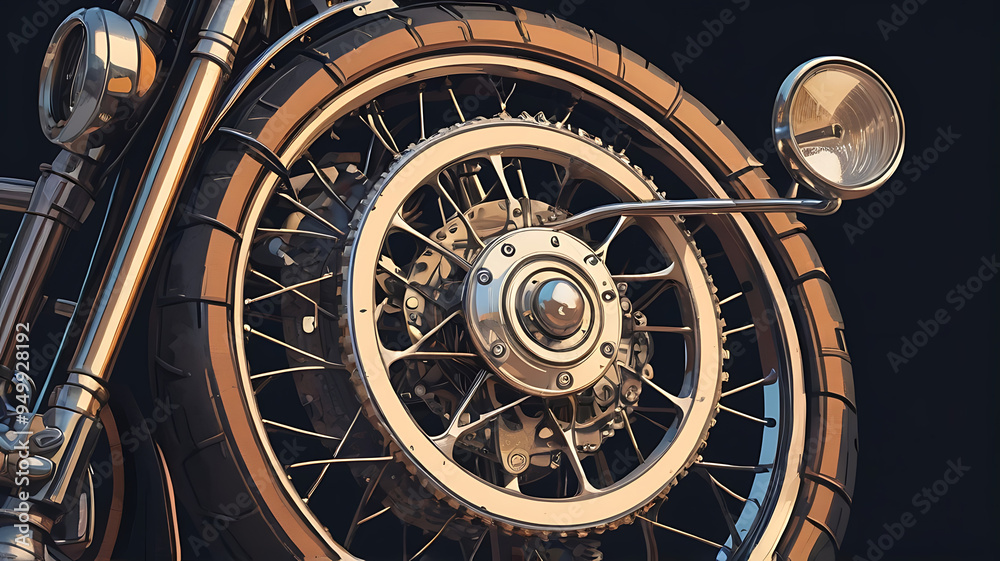 Obraz premium Close-up of a vintage motorcycle's front wheel and handlebars, with intricate pixel details, retro style,.