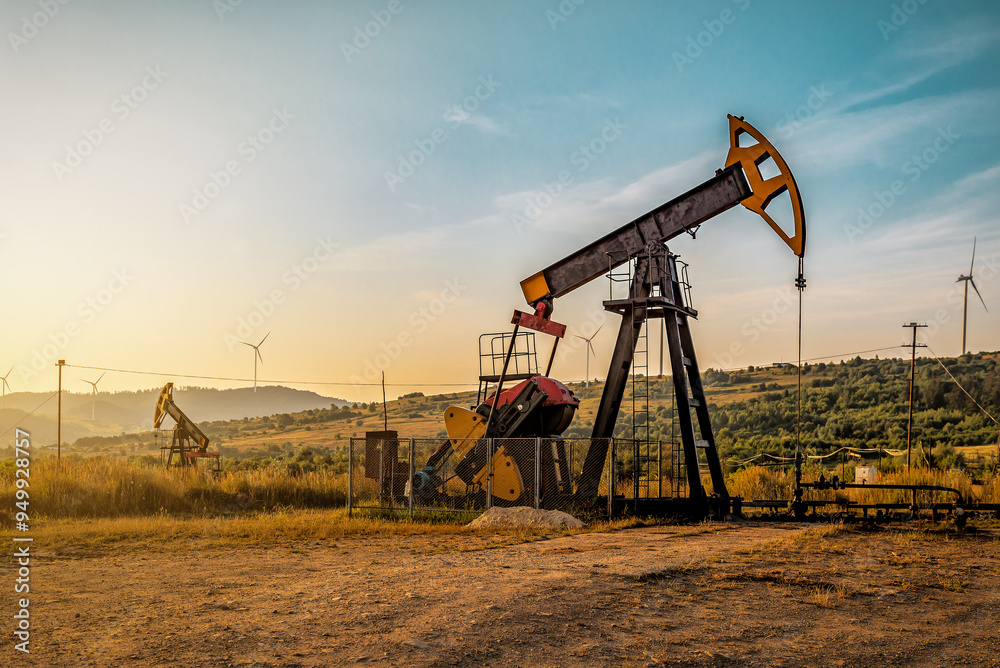 Industrial working oil pump and drilling rig at sunset Industrial working oil pump and drilling rig at sunset