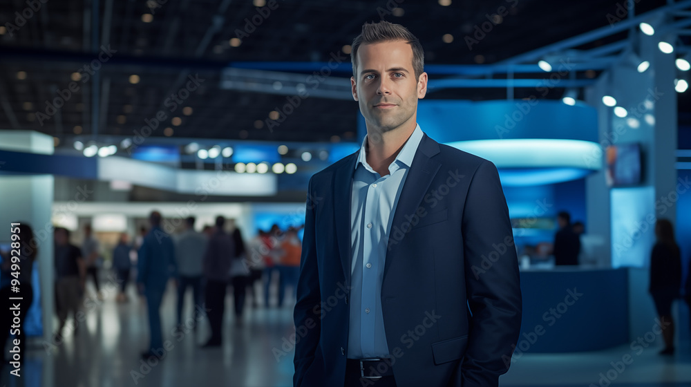 A confident businessman in a suit stands in a trade show environment with a modern and busy backdrop, illustrating professionalism and networking in a corporate setting. A confident businessman in a suit stands in a trade show environment with a modern and busy backdrop, illustrating professionalism and networking in a corporate setting.