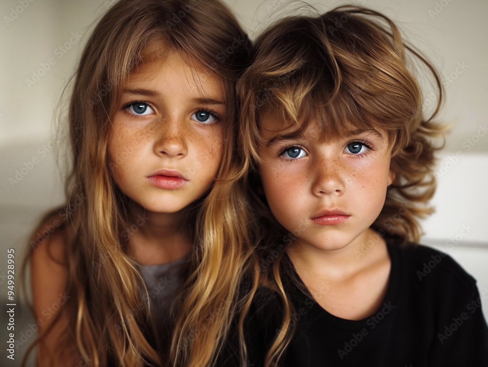 Two young children with brown hair and blue eyes are posing for a picture. The girl has a few freckles on her face, while the boy has a beard. They are both wearing black shirts Two young children with brown hair and blue eyes are posing for a picture. The girl has a few freckles on her face, while the boy has a beard. They are both wearing black shirts
