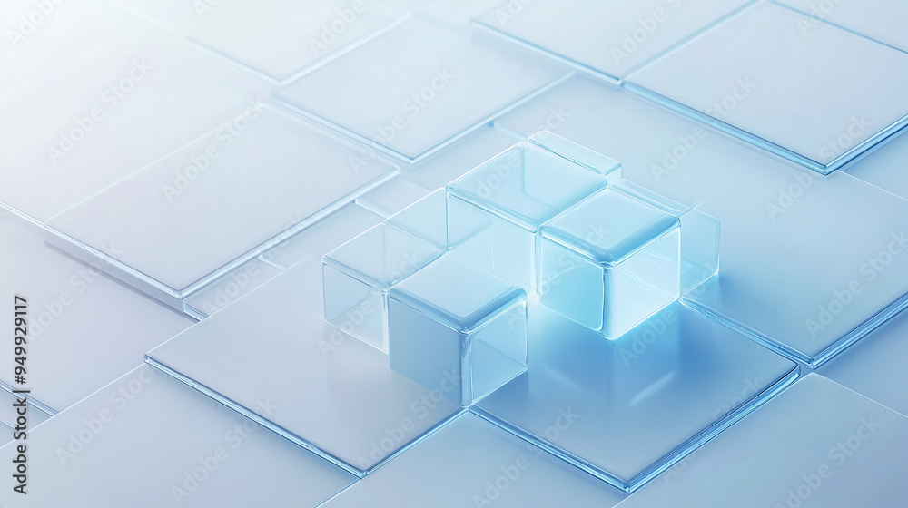 Minimalist design style abstract background, blue frosted glass and white acrylic material, the rectangle reflects a transparent sense of technology. Minimalist design style abstract background, blue frosted glass and white acrylic material, the rectangle reflects a transparent sense of technology.