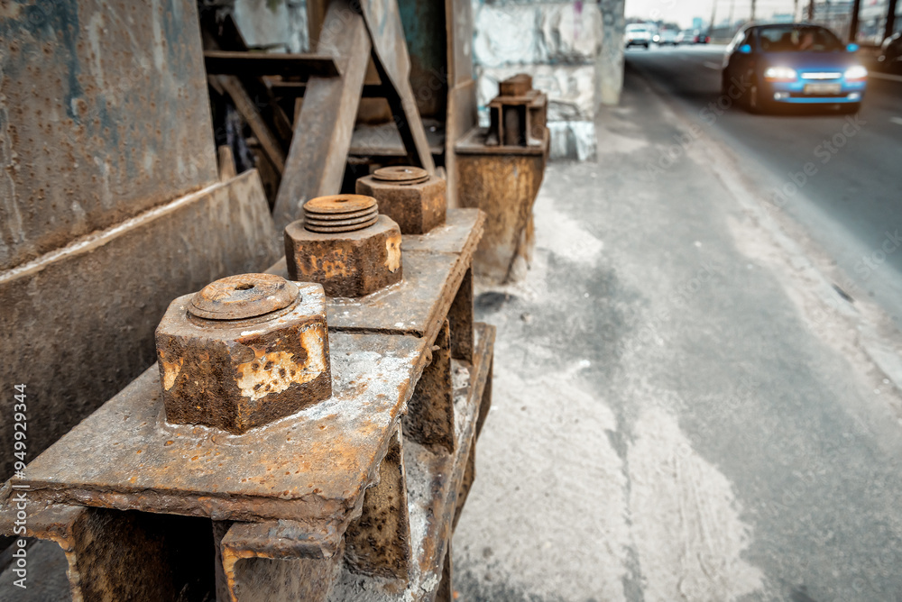 Large fasteners, screws and nut bolt fix the resistance of the industrial bridge Large fasteners, screws and nut bolt fix the resistance of the industrial bridge