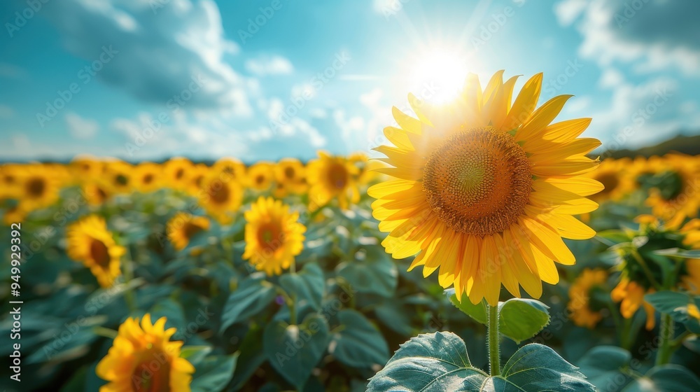 Obraz premium Sunlit Sunflower in a Field of Blooming Sunflowers