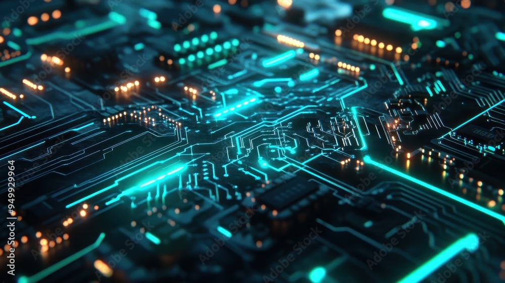 Abstract Circuit Board with Glowing Neon Green Lines and Orange Lights. Abstract Circuit Board with Glowing Neon Green Lines and Orange Lights.