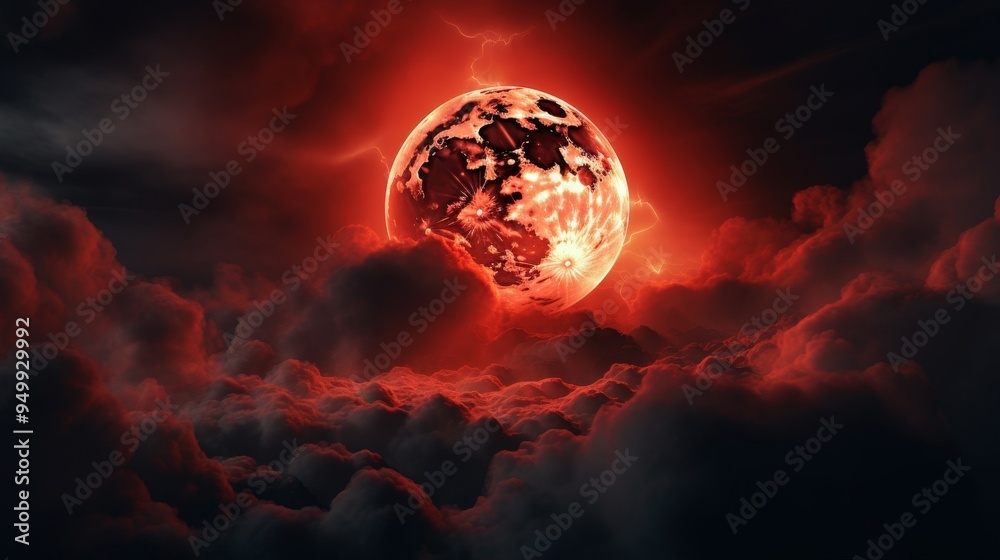 Fiery Red Moon Over Dark Clouds - Dramatic Night Sky Landscape Fiery Red Moon Over Dark Clouds - Dramatic Night Sky Landscape