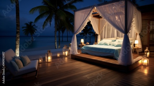 Romantic Beachfront Bed with Ocean View and Candlelight