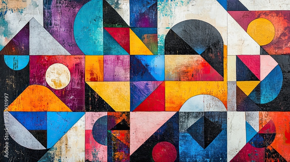 Fototapeta premium A vibrant collage featuring a variety of geometric shapes, such as triangles, squares, and circles, overlapping and interacting in a dynamic composition.
