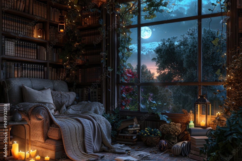 Cozy Library Room with Full Moon View and Candles Cozy Library Room with Full Moon View and Candles