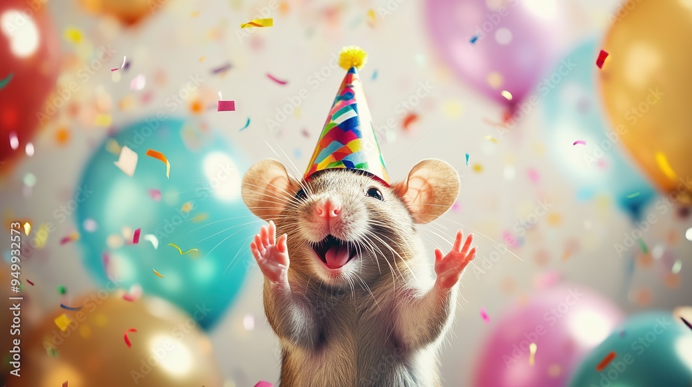 Happy Cute Animal Mouse Wearing a Clown Hat, Celebrating New Year's Celebration or Fancy Birthday Party, Lots of Balloons with Shiny Ribbons. Happy Cute Animal Mouse Wearing a Clown Hat, Celebrating New Year's Celebration or Fancy Birthday Party, Lots of Balloons with Shiny Ribbons.