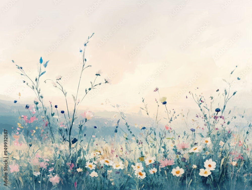 Obraz premium Watercolor Painting of a Wildflower Meadow at Sunset.