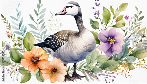 Grey lag-goose in colorful flowers. Summer floral composition and bird on white. Wildlife scene photo