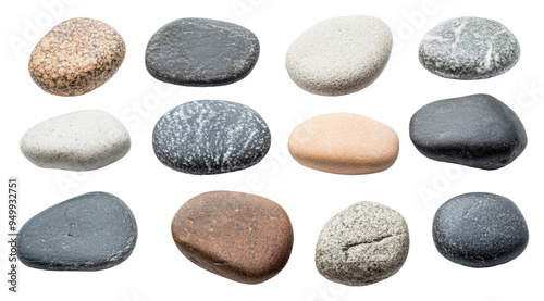 Various smooth river stones arranged in a pattern isolated on transparent background