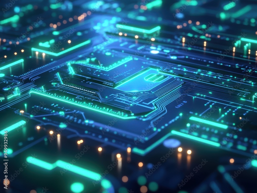 Abstract Circuit Board with Glowing Green Lines and Blue Background - Futuristic Technology Concept. Abstract Circuit Board with Glowing Green Lines and Blue Background - Futuristic Technology Concept.