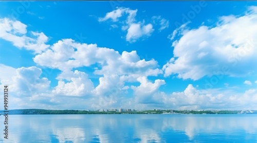 Serene Lake Landscape with Blue Sky and Puffy Clouds