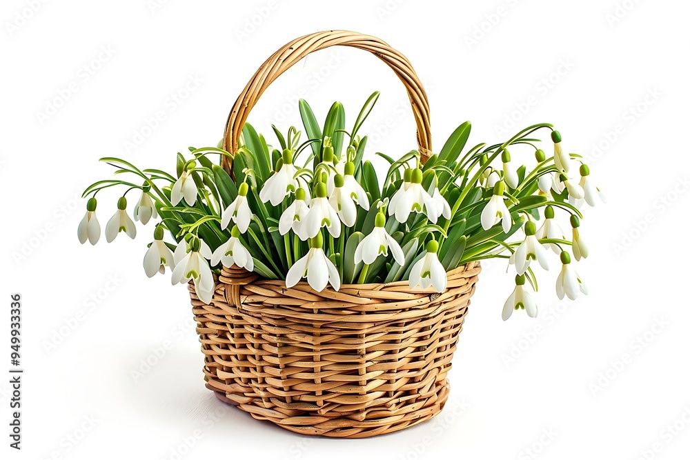 Bouquet of snowdrops in a basket on a white background Bouquet of snowdrops in a basket on a white background