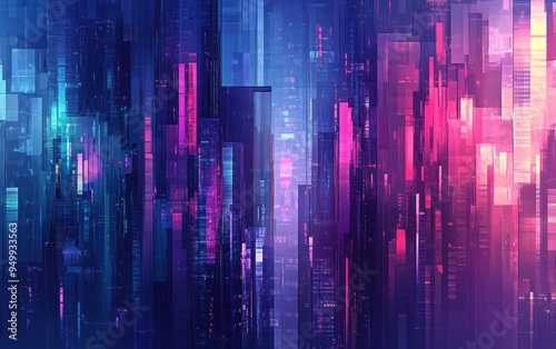 Abstract Cityscape with Neon Lights and Glitch Effect - Digital Art Background.