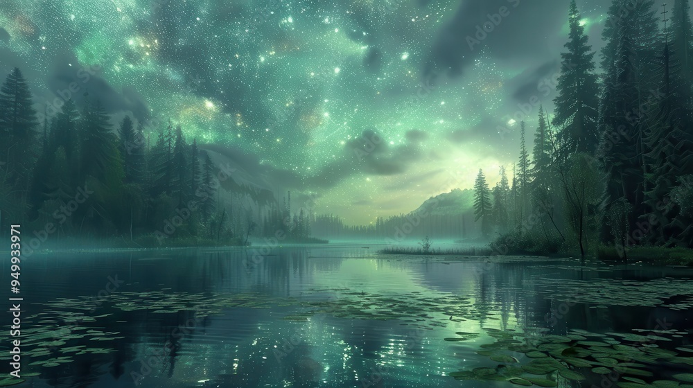 A Serene Forest Lake Under a Starry Night Sky A Serene Forest Lake Under a Starry Night Sky