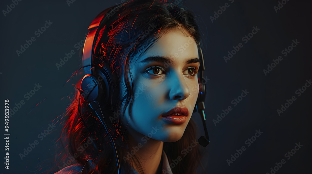 Fototapeta premium Portrait of a young woman call center operator. AI Generated