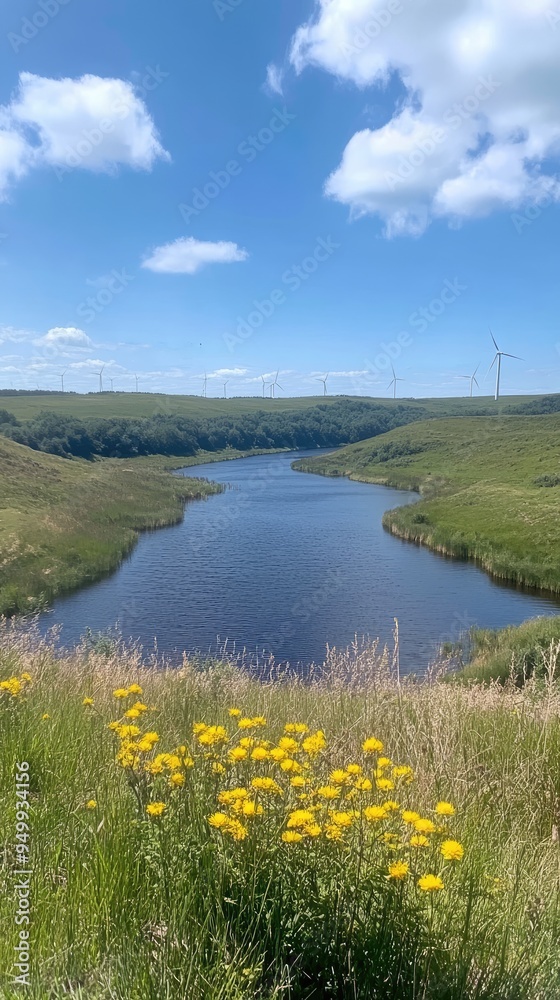 Springtime polder showcases wind turbines surrounded by lush canola fields and a serene canal, all beneath a bright blue sky Springtime polder showcases wind turbines surrounded by lush canola fields and a serene canal, all beneath a bright blue sky