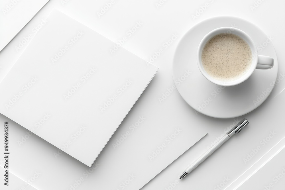 White Coffee Cup, Pen, and Blank Paper on White Surface White Coffee Cup, Pen, and Blank Paper on White Surface