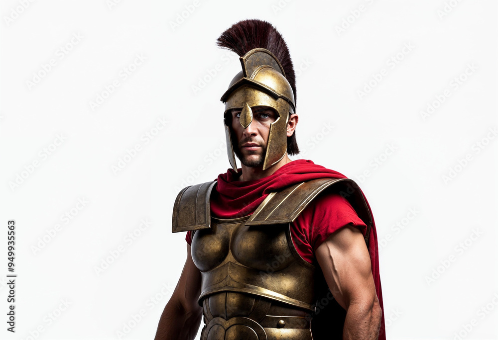 A powerful portrait of a Spartan warrior standing against a plain white background A powerful portrait of a Spartan warrior standing against a plain white background