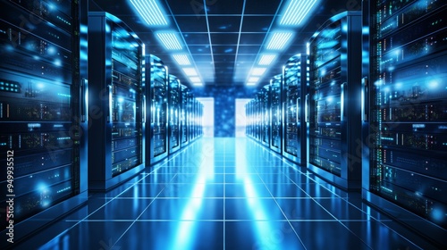 Data Center Server Room: Rows of Servers in a Modern Network Infrastructure