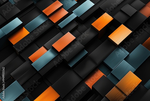 Abstract Geometric Pattern of Interlocking Black, Orange, and Teal Blocks photo