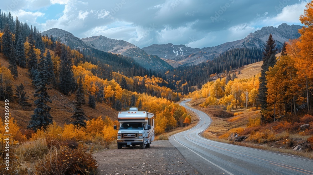 An RV parked on a winding mountain road with autumn leaves, overlooking a valley. An RV parked on a winding mountain road with autumn leaves, overlooking a valley.