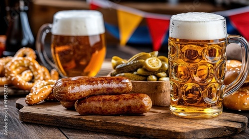 A close-up of a table spread featuring traditional German sausages, pickles, pretzels, and beer mugs filled with frothy beer - AI Generated Digital Art. photo