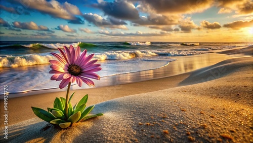 A 3D cave painting of an African daisy blooms on a sandy beach, rolling waves washing over its delicate petals in perpetual motion. photo