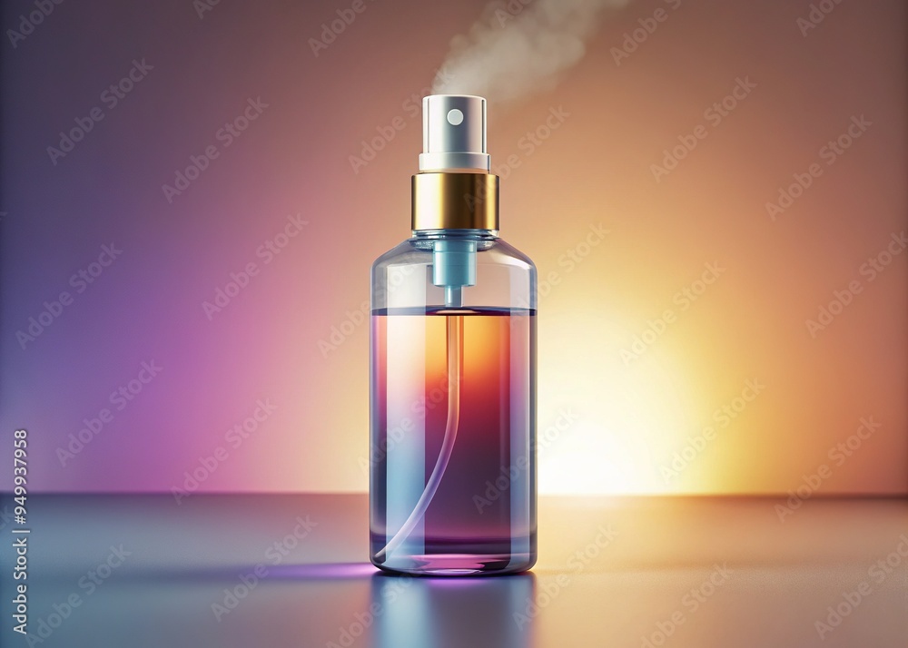 A 3D rendered mockup of a transparent air freshener bottle with a vibrant label and misty fragrance emanating from the nozzle against a soft, gradient background. A 3D rendered mockup of a transparent air freshener bottle with a vibrant label and misty fragrance emanating from the nozzle against a soft, gradient background.
