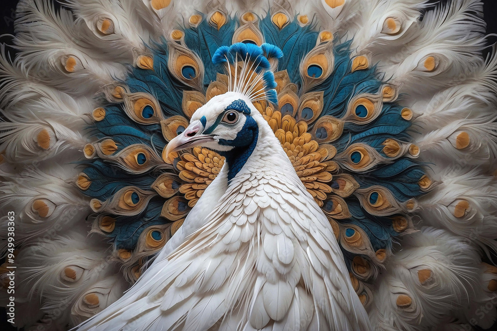 Fototapeta premium AI-generated image, majestic white peacock gracefully spreads its wings against a rich blue backdrop.feathers are adorned with intricate patterns in white , blue and gold.highlights the bird's beauty